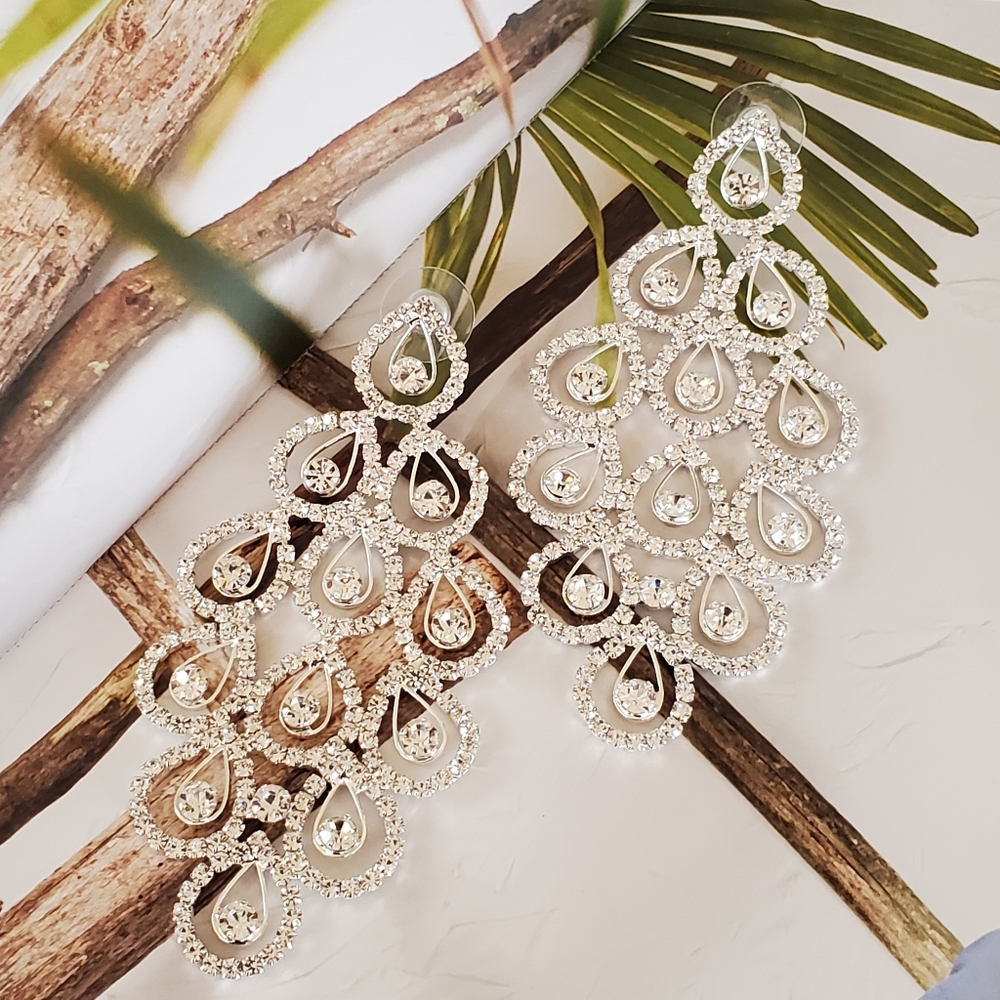 PLATINUM SILVER CZ Chandelier Earrings Waterfall Statement Bridal Wedding Bling - Picture 4 of 10